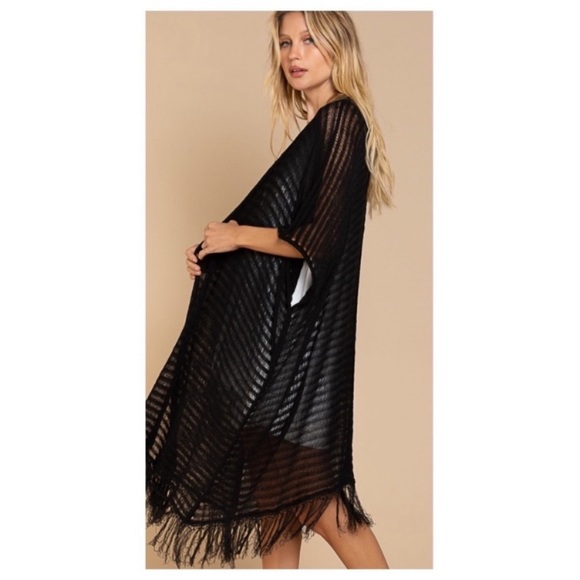 New POL Black Loose Rib Knit Cardigan/Kimono With Fringe Hem - Picture 9 of 11